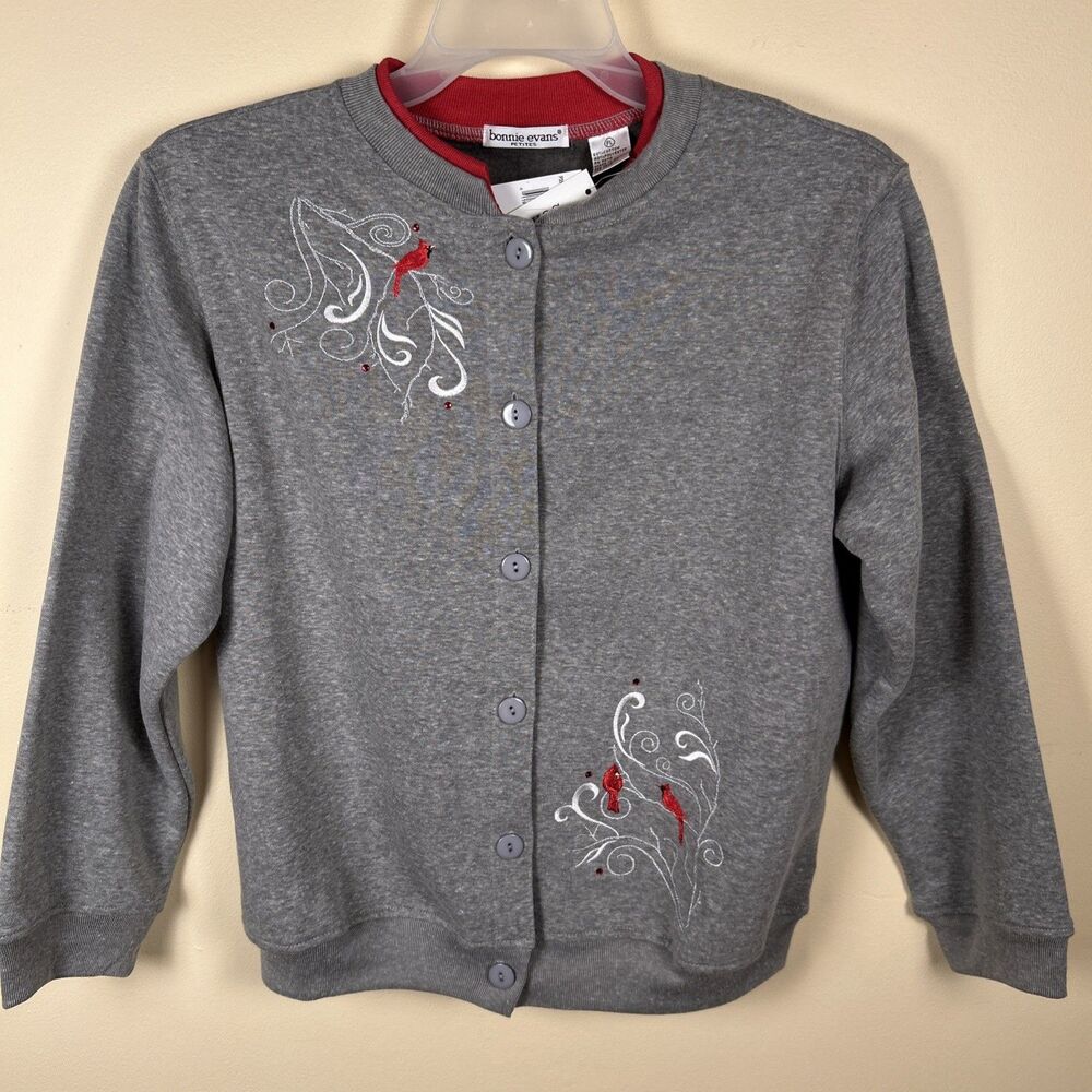 NWT Bonnie Evans Women's Petite Large Top Gray Button-Down Embroidered Cardinal